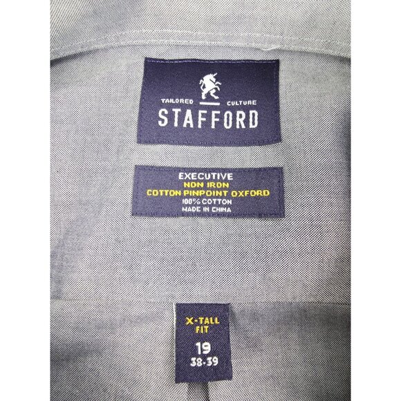 Stafford X-Tall Size 19 38-39 Mens Grey Button Down Long Sleeve Non Iron Oxford - Picture 4 of 10